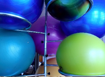 oakville sports physiotherapist with a pile of large gym balls of all colours including blue, green and purple